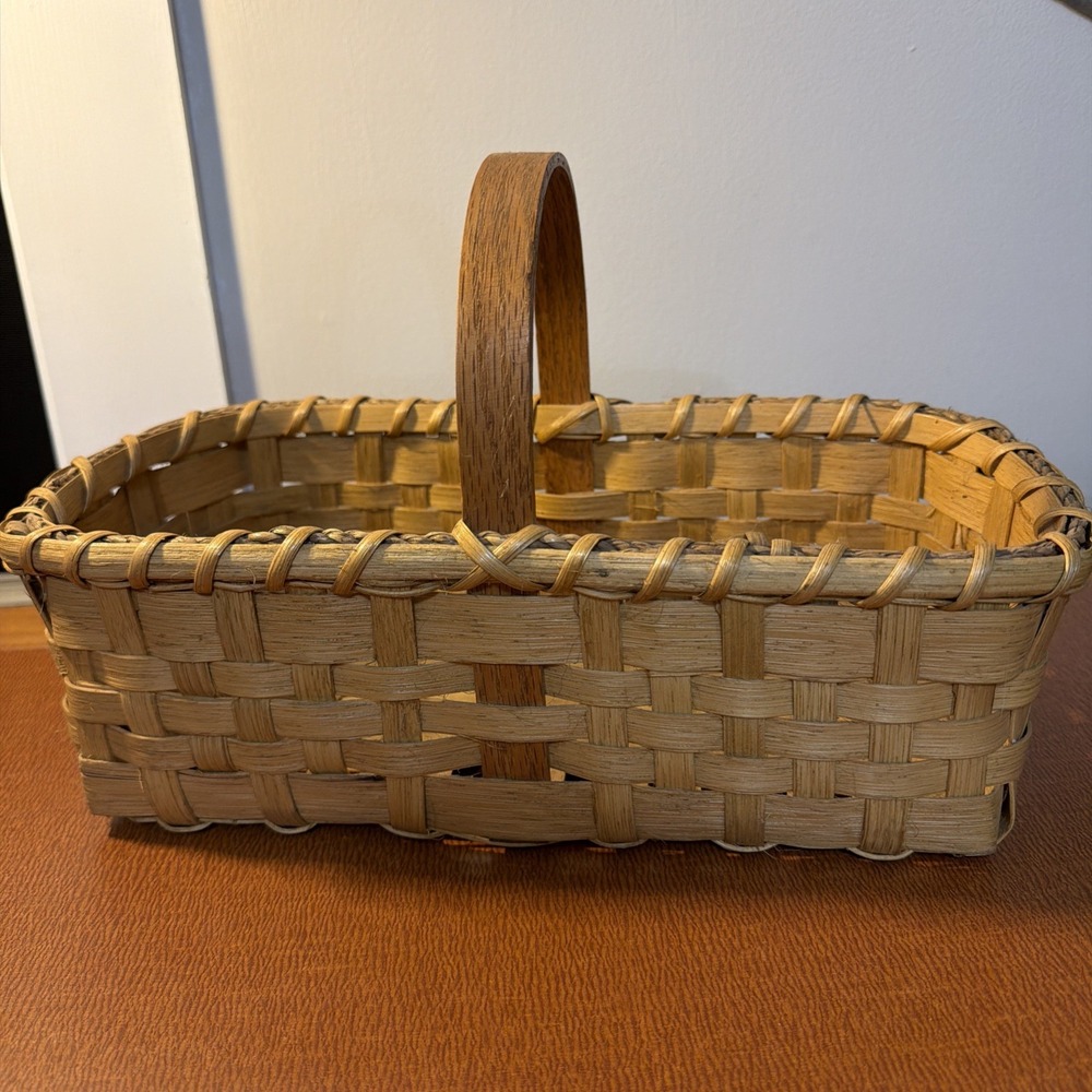 Vintage Handwoven Rectangular Wicker Gathering Tall Arched Handle Basket 13x6"